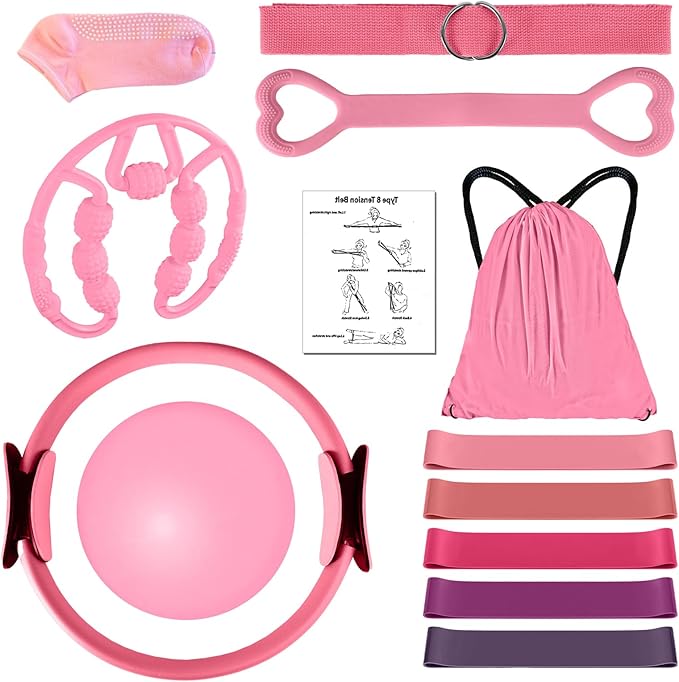 Pilates Kit 14PCS for Women, Pilates Equipment with Pilates Ring Set, Home Pilates Workout Kit, Mini Exercise Ball, Loop Resistance Bands, Stretch Strap, Massage Roller, Grip Socks