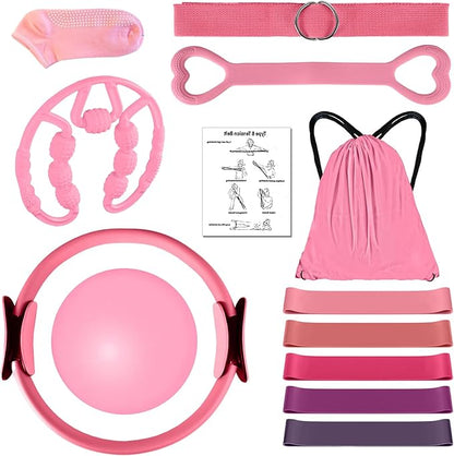 Pilates Kit 14PCS for Women, Pilates Equipment with Pilates Ring Set, Home Pilates Workout Kit, Mini Exercise Ball, Loop Resistance Bands, Stretch Strap, Massage Roller, Grip Socks