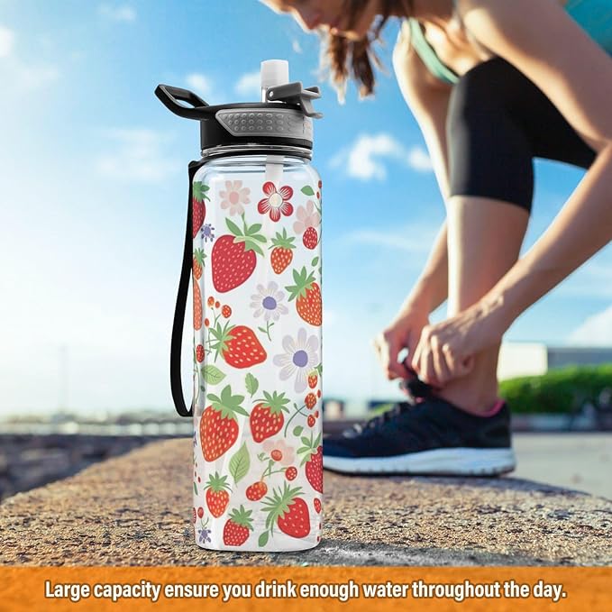 YETTASBIN Strawberry Flower Clear Water Bottle with Straw Lid, BPA-Free Leakproof Sport Water Bottle 32oz Large Gym Water Jug for Men Women Travel Fitness Outdoor