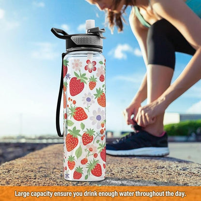 YETTASBIN Strawberry Flower Clear Water Bottle with Straw Lid, BPA-Free Leakproof Sport Water Bottle 32oz Large Gym Water Jug for Men Women Travel Fitness Outdoor