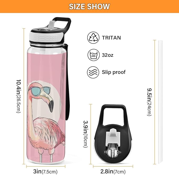 Fustylead Pink Flamingo Wearing Sunglasses 32 oz BPA-Free Water Bottle with Straw, Leak-Proof Sport Bottle for Fitness, Gym, Camping, Outdoor Sports