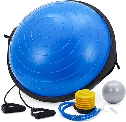 23/25in Balance Ball, 1600 lbs Half Exercise Ball with Nonslip Base, Inflatable Half Ball Balance Trainer, Stability Half Yoga Ball Strength Training Equipment with 2 Bands, Pump, Extra Ball Included,