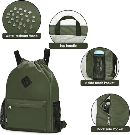 WANDF Drawstring Backpack Sports Gym Bag with Shoes Compartment, Water-Resistant String Backpack Cinch for Women Men (Large,Dark green)