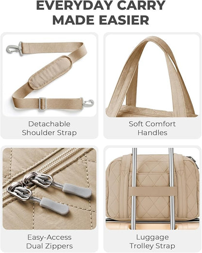 Percover Women Gym Bag with Toiletry Organizer Pouch, Quilted Workout Duffle with Compartments for Daily Fitness & Yoga, Locker-Friendly Soft Carry, Camel Tan