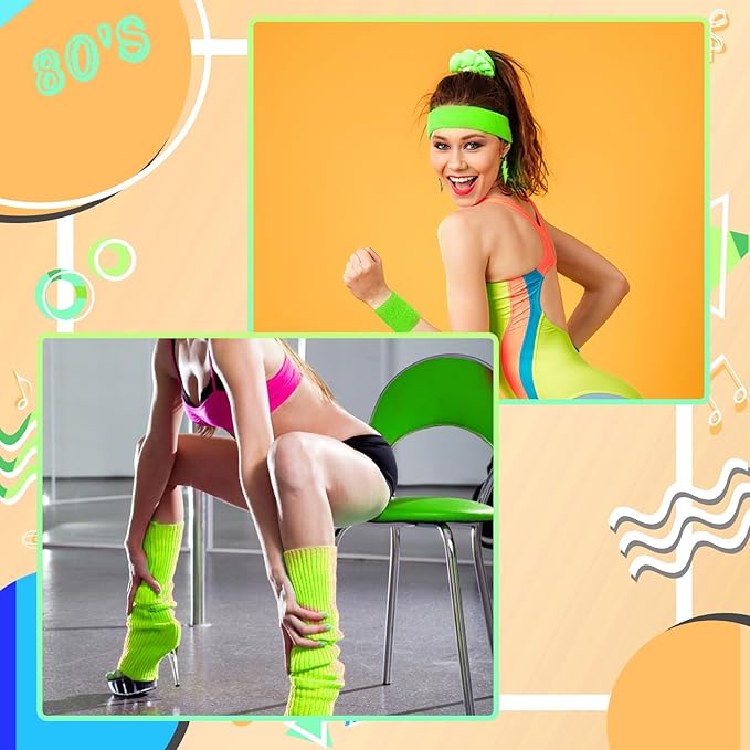 80s Neon Workout Costume Accessories Set 10 PCS Leg Warmers for Women 80s Headband Wristband Fanny Pack for Yoga Running