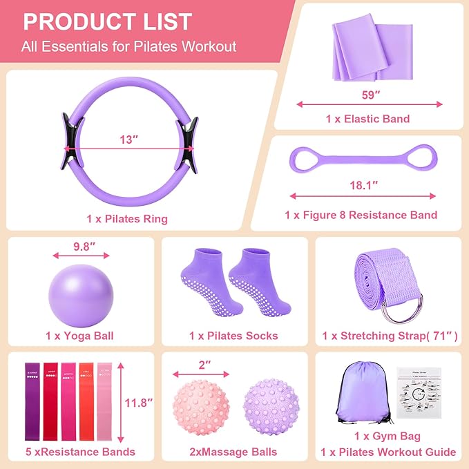 Home Pilates Kit for Women - 14 Pcs Pilates Equipment Set with Pilates Ring and Ball, 5 Resistance Bands Etc Accessories for Beginners Home Workouts - Includes Workout Guide
