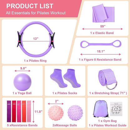 Home Pilates Kit for Women - 14 Pcs Pilates Equipment Set with Pilates Ring and Ball, 5 Resistance Bands Etc Accessories for Beginners Home Workouts - Includes Workout Guide
