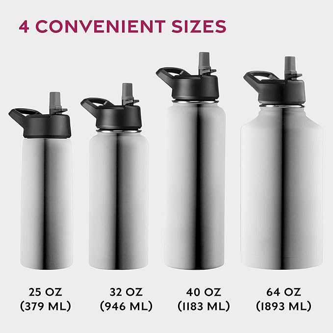 FineDine Water Bottle - Stainless Steel Insulated Water Bottle with Straw Lid, Flip Lid & Wide-Mouth Cap - Keeps Hot and Cold - 32 Oz / 946ml - Brushed Stainless Steel