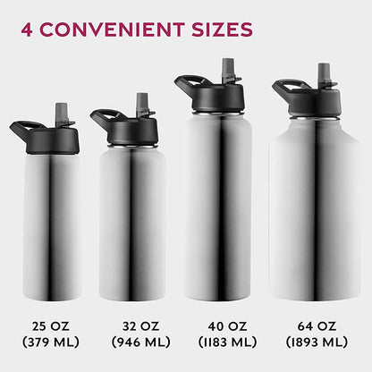 FineDine Water Bottle - Stainless Steel Insulated Water Bottle with Straw Lid, Flip Lid & Wide-Mouth Cap - Keeps Hot and Cold - 32 Oz / 946ml - Brushed Stainless Steel