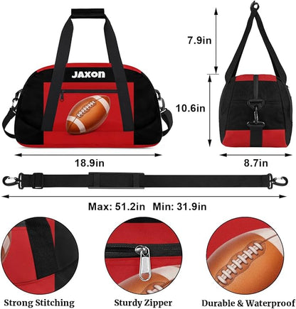 Personalized Boys Football Bag, Sport Duffel Gym Gymnastics American Football Bag Weekender Bags Gym Bag Travel Duffel Bag, Black Red