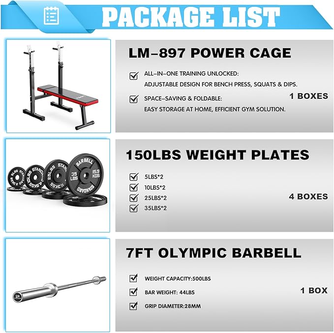 Adjustable Weight Bench Press with Squat Rack Folding Multi-Function Dip Station for Full Body Workout Home Gym Strength
