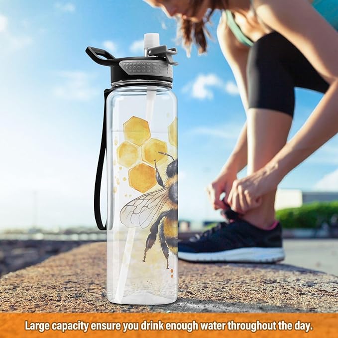 Fustylead Watercolor Honeybee on Honeycomb 32oz Water Bottle with Straw, Leakproof Clear Sport Water Bottles for Gym Camping Hiking Travel