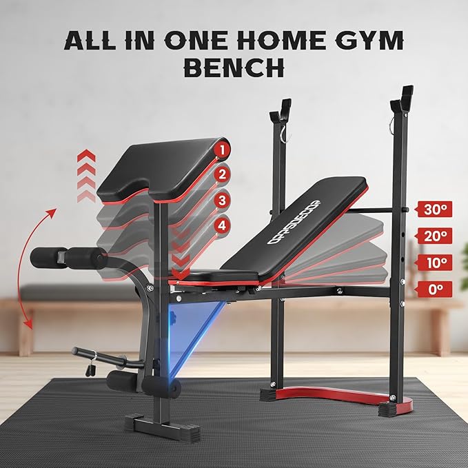 OPPSDECOR Adjustable Weight Bench Set with Leg Developer & Preacher Curl Pad, Full Body Workout Bench Press Set with Squat Rack for Home Gym Fitness, Standard Strength Training Bench