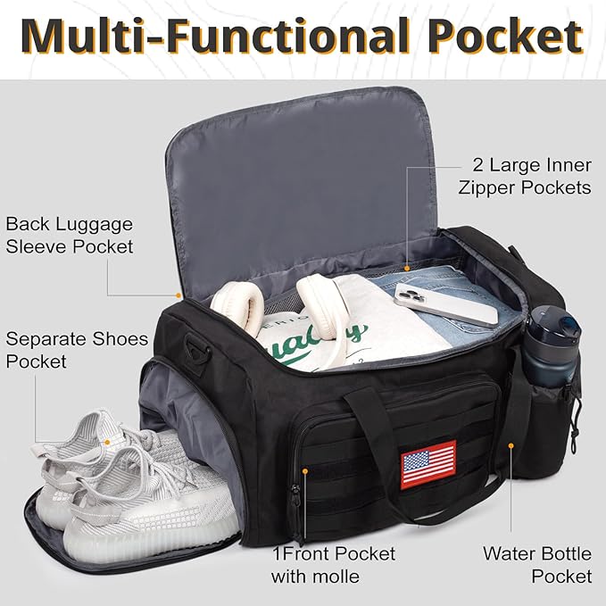 Tactical Gym Bag for Men, 40L Large Capacity Duffle Bags with Shoes Compartment, Sports Bag with wet compartment, Multi-functional Weekend Bags Suitable for Travel, Camping,hiking
