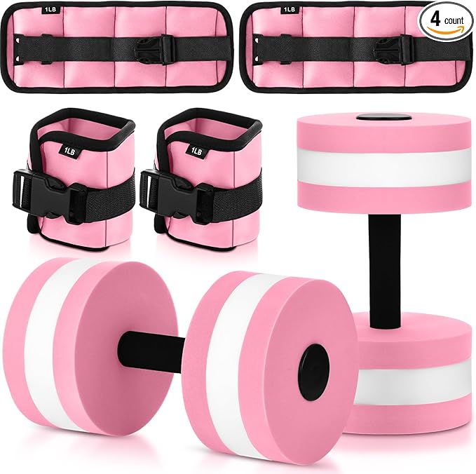 Water Aerobics Set, 4 Piece Pool Exercise Kit (2 Aqua Dumbbells + 2 Ankle/wrist Weights), EVA Foam, Low-impact Workout