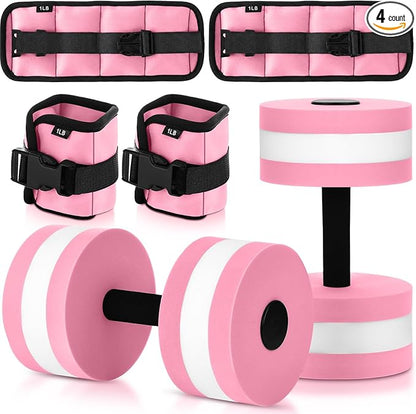 Water Aerobics Set, 4 Piece Pool Exercise Kit (2 Aqua Dumbbells + 2 Ankle/wrist Weights), EVA Foam, Low-impact Workout