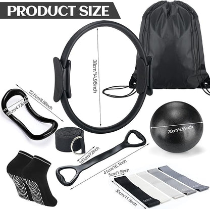 Pilates Ring Circle Set 18 Pcs Exercise Equipment Accessories for Women Workouts Pilates Ball Stretching Strap Magic Circle Yoga Ring Gym Back Bag Resistance Band Anti Slip Socks