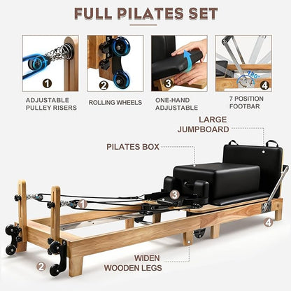 Pilates Reformer, Wooden Foldable Pilates Machine for Home Use, All-in-One Studio Equipment with 6 Springs, Jump Board, Sitting Box & Accessories 3t3 libras