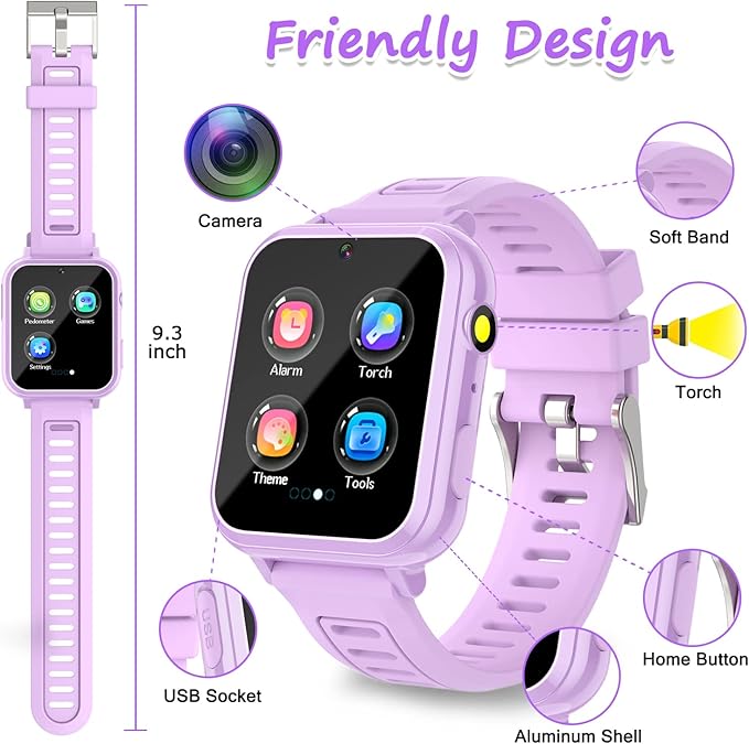 Kids Smart Watch Girls Gifts for Age 5-12, 39 Puzzle Games HD Touch Screen Watches with Video Camera Music Player Pedometer Flashlight 12/24 hr Birthday Gift 6 7 8 Year Old Girls