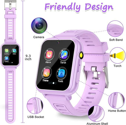 Kids Smart Watch Girls Gifts for Age 5-12, 39 Puzzle Games HD Touch Screen Watches with Video Camera Music Player Pedometer Flashlight 12/24 hr Birthday Gift 6 7 8 Year Old Girls