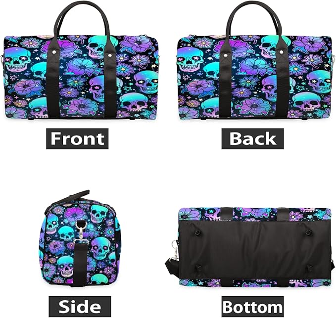 Travel Duffel Bag Skeleton Universe Flower Sport Tote Gym Bag Waterproof Foldable Carryon Weekend Overnight Training Handbag Sports Duffle Bags for Women Men Boys Girls