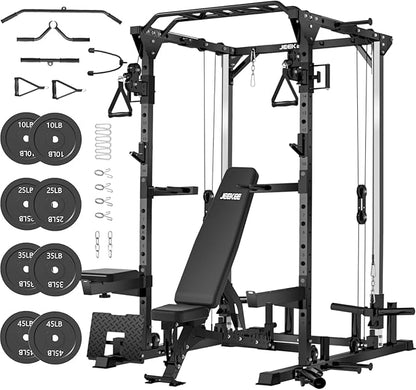 JEEKEE Power Cage with Cable Crossover System, 2000LB Multi-Function Power Rack with Independent Dual Pulleys, LAT Pulldown Seat Cushion, 20+ Attachments Squat Rack for Home Gym Workout