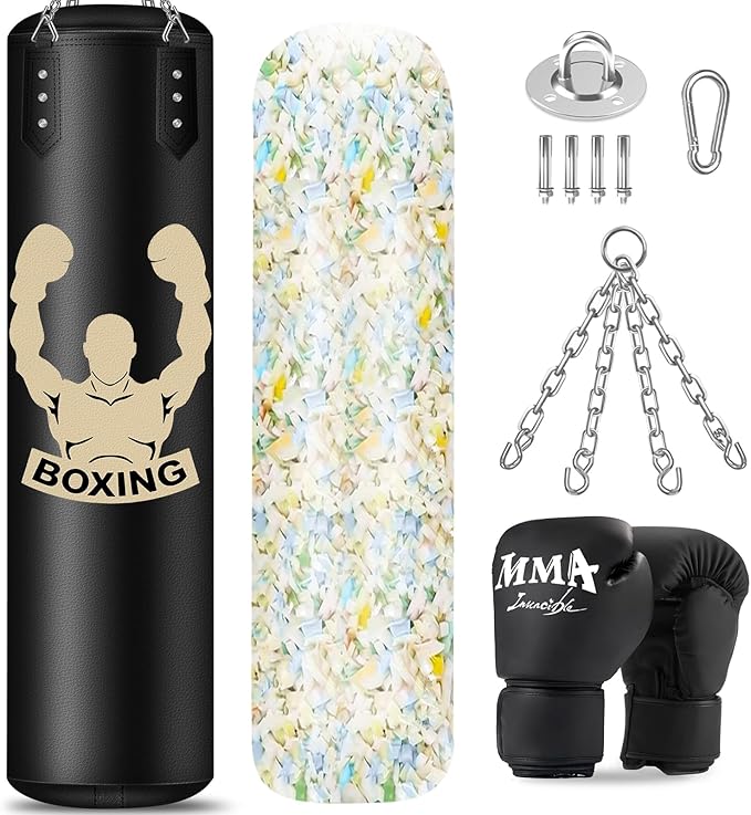 4FT Hanging Punching Bag for Adults, Super PU Leather Boxing Training Equipment Heavy Bag with 12OZ MMA Gloves, Unfilled Kicking Bag Boxing Set for Training Karate Kickboxing Muay Thai