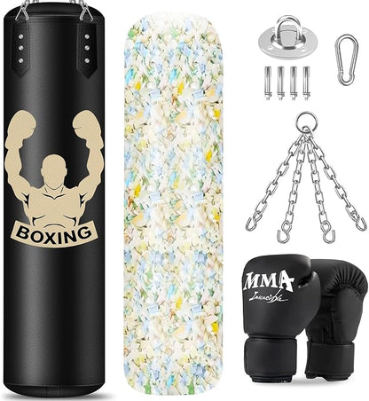 4FT Hanging Punching Bag for Adults, Super PU Leather Boxing Training Equipment Heavy Bag with 12OZ MMA Gloves, Unfilled Kicking Bag Boxing Set for Training Karate Kickboxing Muay Thai