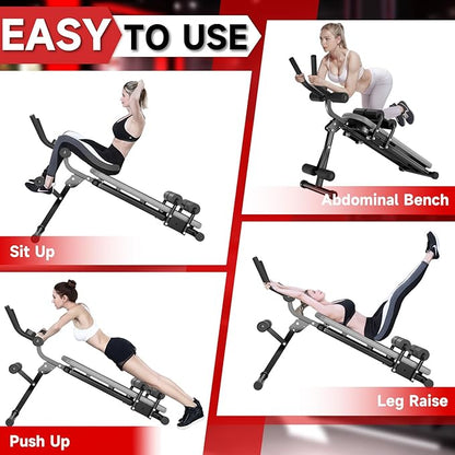 Bigzzia Ab Machine, 5-in-1 Adjustable Ab Workout Bench Core Abdomen Trainer for Stomach Workout, Crunch Machine Exercise Equipment for Home Gym - Sit UP, Push UP, Leg Press, Glider, Roman Chair, 330lbs Capacity