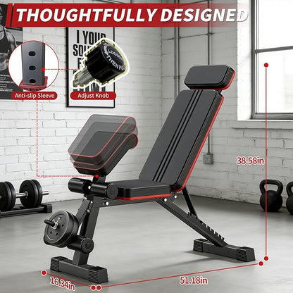 Adjustable Weight Bench, Foldable Workout Bench Press, Weight Benches for Home Gym, Workout Equipment for Full Body Exercise