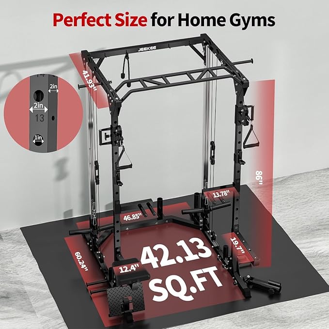 JEEKEE Power Cage with Cable Crossover System, 2000LB Multi-Function Power Rack with Independent Dual Pulleys, LAT Pulldown Seat Cushion, 20+ Attachments Squat Rack for Home Gym Workout