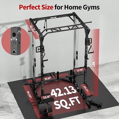 JEEKEE Power Cage with Cable Crossover System, 2000LB Multi-Function Power Rack with Independent Dual Pulleys, LAT Pulldown Seat Cushion, 20+ Attachments Squat Rack for Home Gym Workout