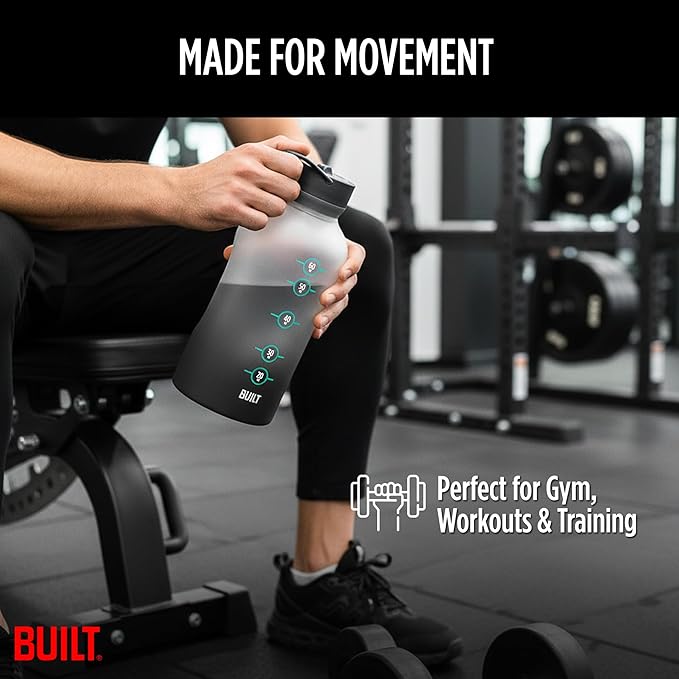 Built 74 Oz Tritan Motivational Bottle with Straw (Gray) - BPA-Free & Leakproof with Wide Mouth, Carry Handle Lid, Dishwasher Safe - Hydration Tracker for Gym, Fitness, Healthy Lifestyle