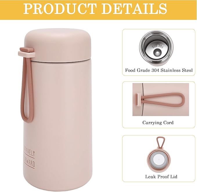 9oz Water Bottle Small Double Wall Insulated Mug,304 Stainless Steel for Hot&Cold Drinks,Leak Proof Water Bottle Vacuum Insulation with Carry Handle Pink