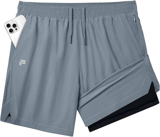 Running Shorts for Men 7 inch Inseam 2 in 1 Quick Dry Athletic Gym Workout Tennis Shorts with Phone Pockets