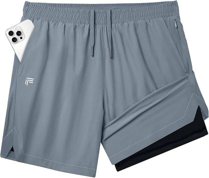 Running Shorts for Men 7 inch Inseam 2 in 1 Quick Dry Athletic Gym Workout Tennis Shorts with Phone Pockets