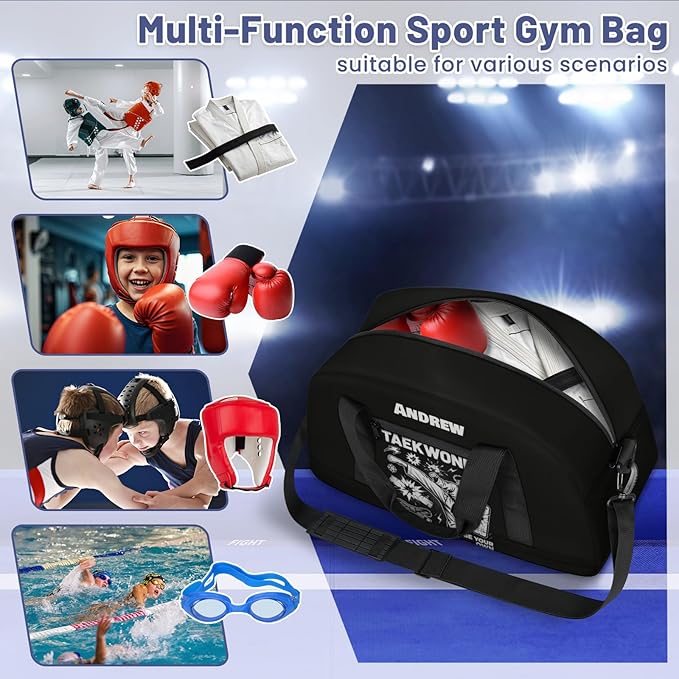 Custom Name Taekwondo Karate Duffle Bag for kids Boy Girls - Personalized Martial Arts Gear Bag, Water-Resistant Sparring Equipment Bag, Taekwondo Black