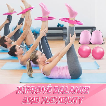 Poen 18 Pcs Home Pilates Ball and Ring Circle Set Yoga Fitness Essentials Kit with 5 Resistance Band Stretching Strap Non Slip Sock Ball Core Slider Wristband Headband Gym Bag for Women