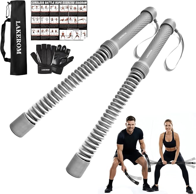 Ropeless Battle Ropes (2-in-1) Elatic Fitness Bar,Cordless Battle Ropes Sticks with Exercise Guide,Portable Home Gym Equipment for HIIT,Strength Low-Impact Workouts for Men & Women Grey