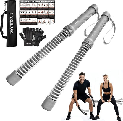 Ropeless Battle Ropes (2-in-1) Elatic Fitness Bar,Cordless Battle Ropes Sticks with Exercise Guide,Portable Home Gym Equipment for HIIT,Strength Low-Impact Workouts for Men & Women Grey
