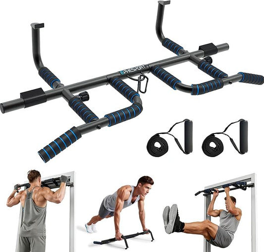 EPHESPORT 2026 Multifunctional Pull Up Bar for Doorway – US Patented Design, Foldable, No Drilling or Slipping, Multi-Grip Bar with Resistance Band Hooks, Commercial Alloy Steel, Large PVC Pads, 440 lbs Capacity