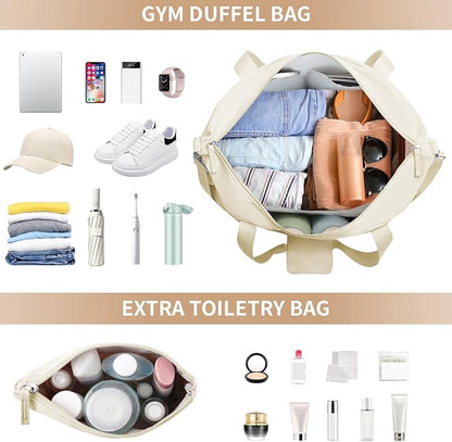 ETRONIK Gym Bag for Women, Personal Item Travel Bag with Shoes Compartment, Weekender Overnight Duffel Bag with Wet Pocket & USB Charging Port, Carry On Bag for Women, Travel, Gym, Weekend (Beige)