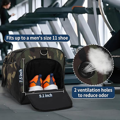 52L Men's Gym Bag with Shoe Compartment - 24-inch Duffle Bag for Travel, Sports, Fitness & Workout (Camo)