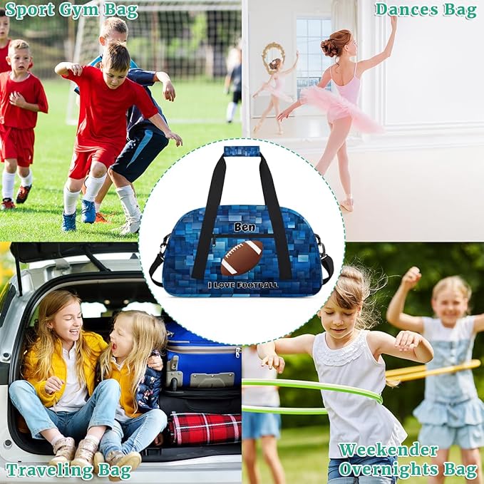 Custom Sports Gym Bags for Boys, Overnight Duffel Bags Workout Training Personalized Sport Gym Bag Travel Practice Gymnastics Duffel Bag, I Love Football Blue Geometric Pattern