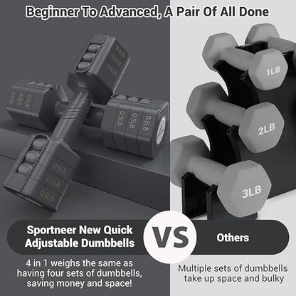 Sportneer Adjustable Dumbbells Hand Weights Set: 4 In 1 Weight Each 2lb 3lb 4lb 5lb Free Weights Dumbbells Set for Women Fast Adjust Dumbbell Set for Men Home Gym Workout Strength Training Exercise