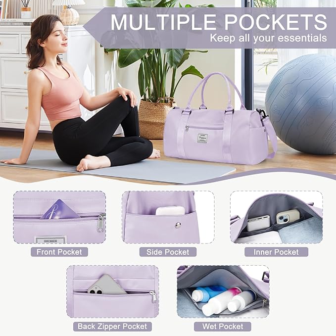Gym Bag for Women with Shoes Compartment,Small Duffel Bag Sport bag with Toiletry Bag Overnight Travel Tote Bags Weekender Carry on Bag Personal Item Bags for Airlines Light Purple