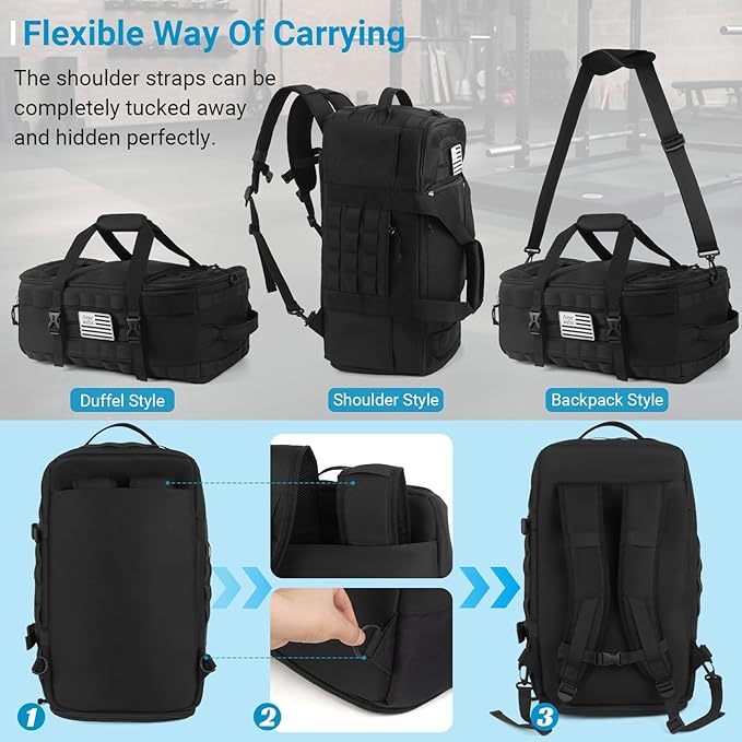 Gym Bag for Women & Men, 3 in 1 Carry on Travel Backpack with Wet Pocket, Anti-Theft Carry On Weekender Bag for Airplane, Workout Overnight Backpack for Travel, Black