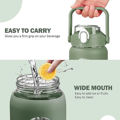 kytffu 56oz Glass Water Bottles with Straw, Motivational Glass Bottle with Silicone Sleeve and Time Marker, Leakproof Large Glass Water Jug for Gym Home Office,Olive