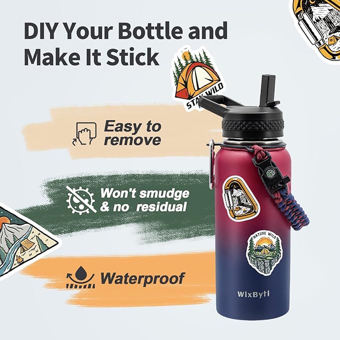 32 oz Insulated Water Bottle with Straw, Stainless Steel Triple Wall Vacuum Sports Water Jug, Leakproof Hydro Cup Flask with Paracord Handle & Straw Spout Lids & DIY Stickers