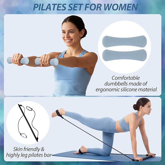Soulchen 13 Pcs Pilates Equipment Kit for Home Workout Pilates Ring and Ball Set for Women 1.1lb *2 Ergonomic Bone Shaped Dumbbells with Resistance Bands, Yoga Strap, Bag